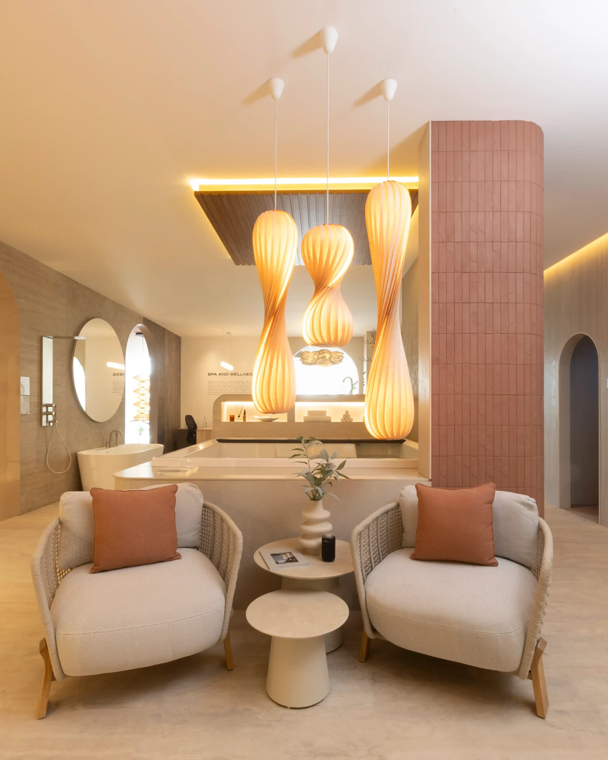 A calm, low-lit lounge for pause and conversation
