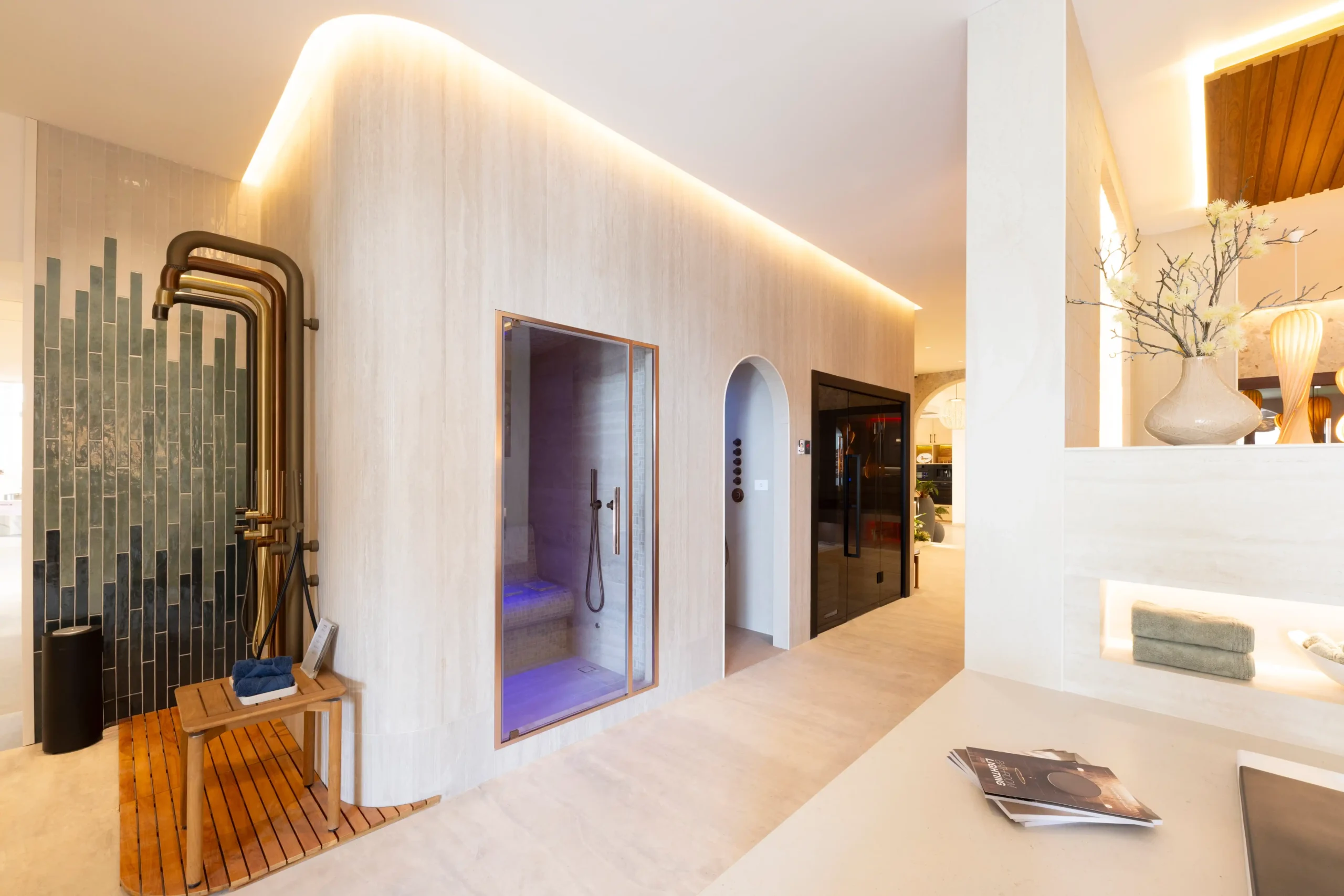 Showering, steam and sauna, styled in context