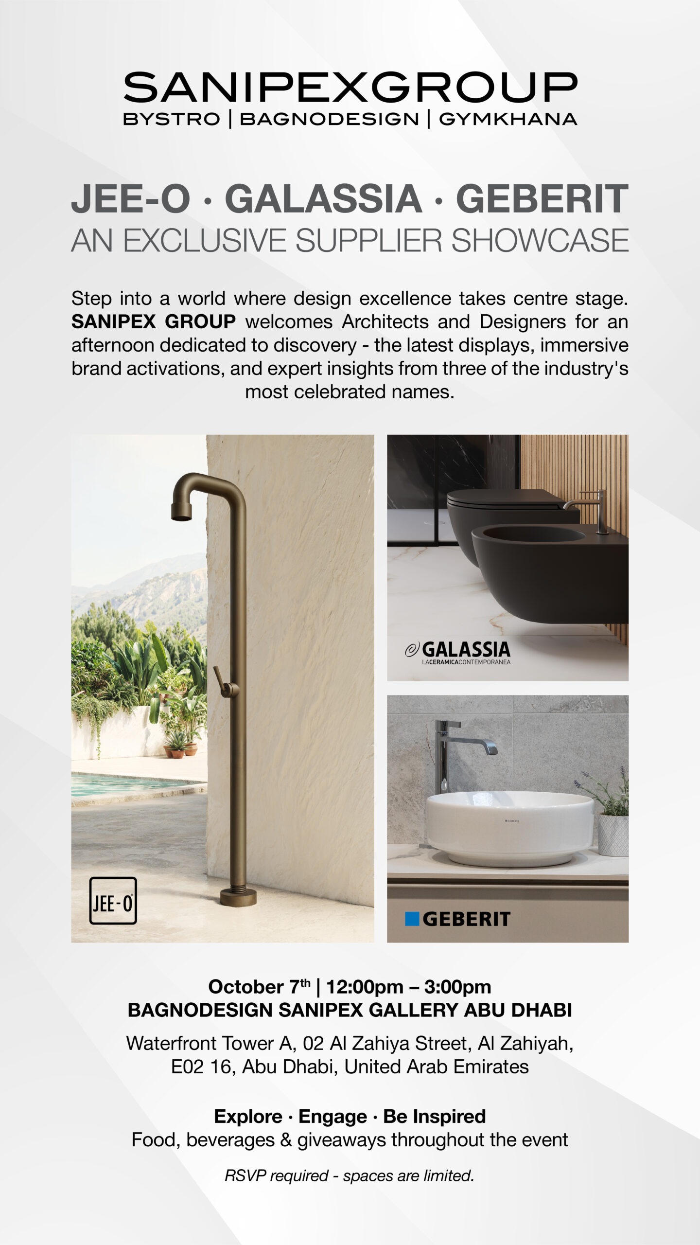 JEE-O, Galassia and Geberit supplier showcase invitation – Sanipex Gallery Abu Dhabi