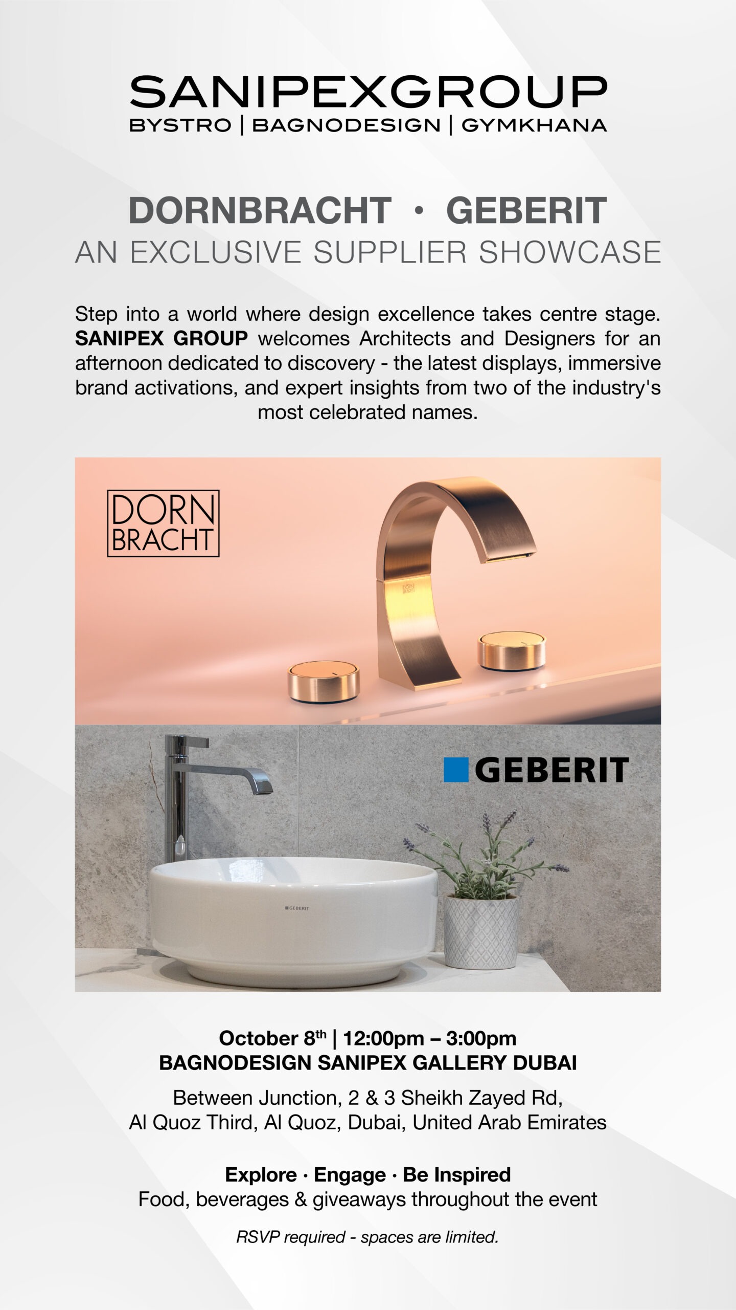 Dornbracht and Geberit supplier showcase invitation – BAGNODESIGN Sanipex Gallery Dubai