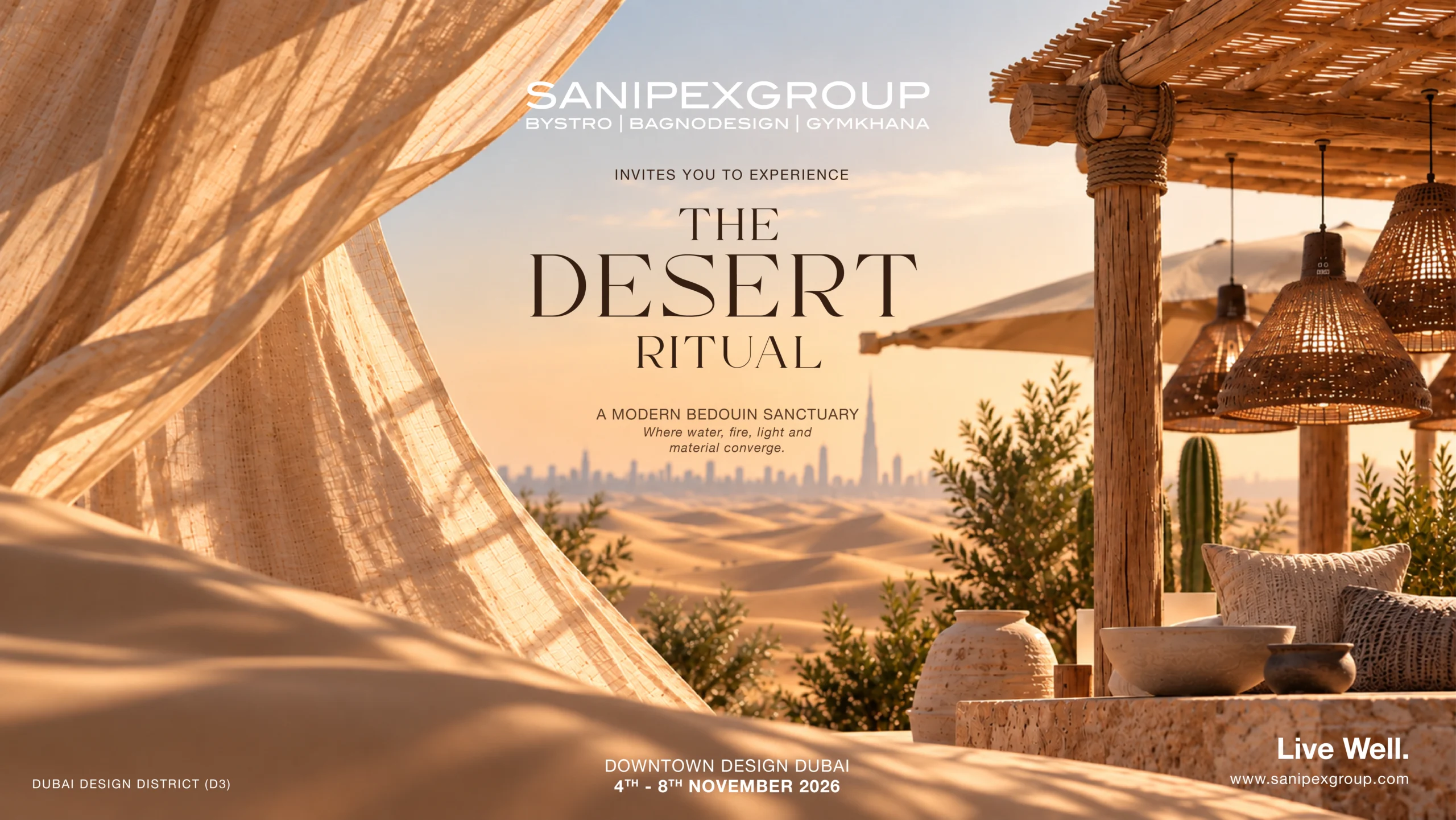 SANIPEX GROUP invites you to experience The Desert Ritual.
    A modern Bedouin sanctuary where water, fire, light and material
    converge. Downtown Design Dubai, 4–8 November 2026,
    Dubai Design District (d3).